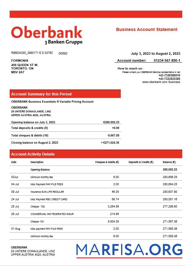 Downloadable Oberbank company checking account statement Word and PDF template